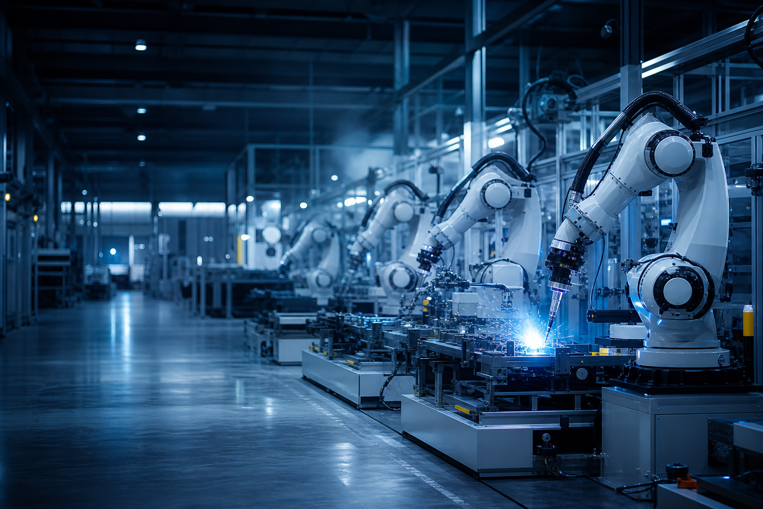 Línea industrial automatizada con brazos robóticos